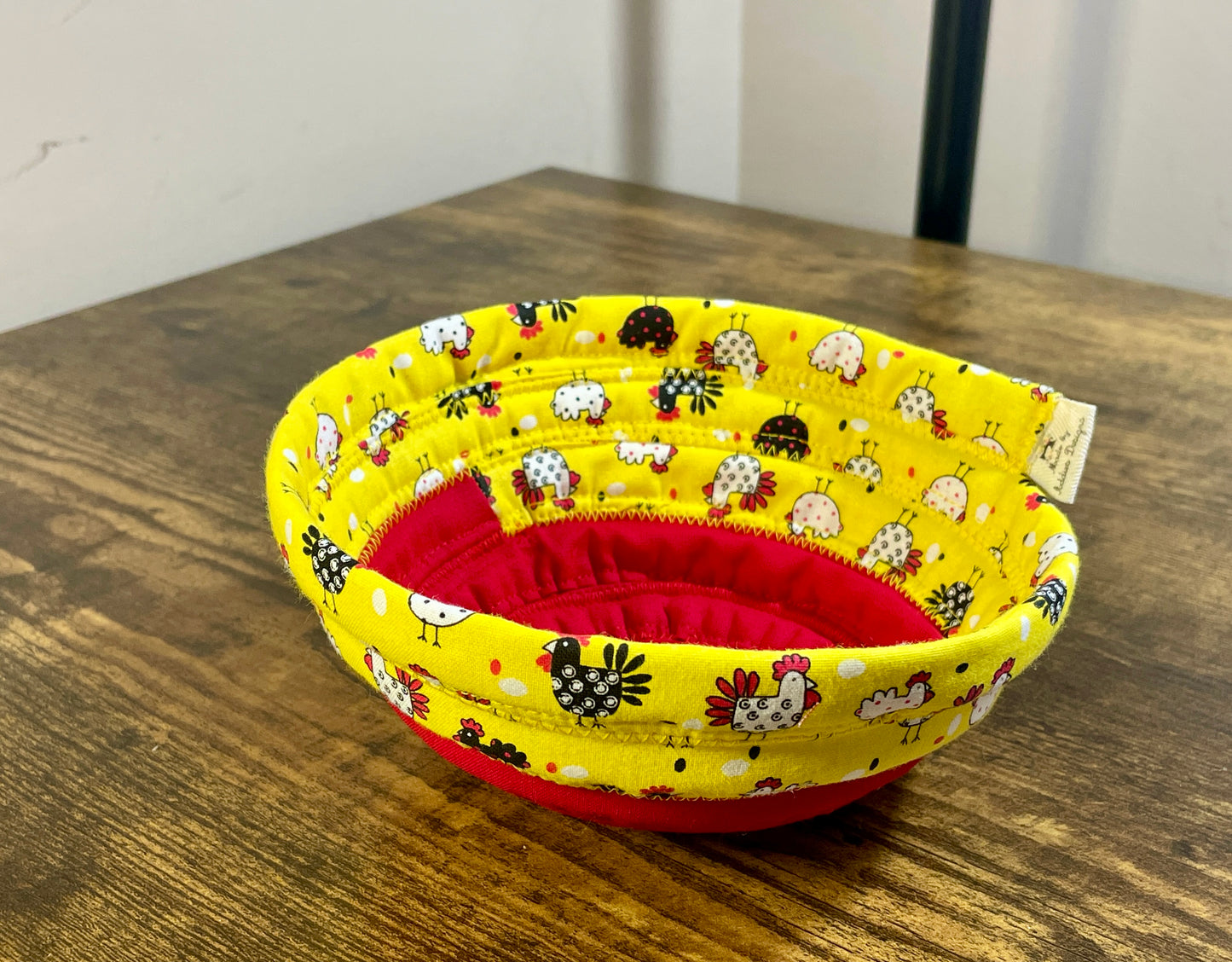 Soup Bowl Cozy - chickens yellow print, handcrafted 100% Cotton fabric strips cozy by Addies Designs