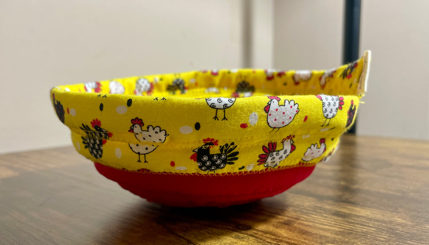 Soup Bowl Cozy - chickens yellow print, handcrafted 100% Cotton fabric strips cozy by Addies Designs