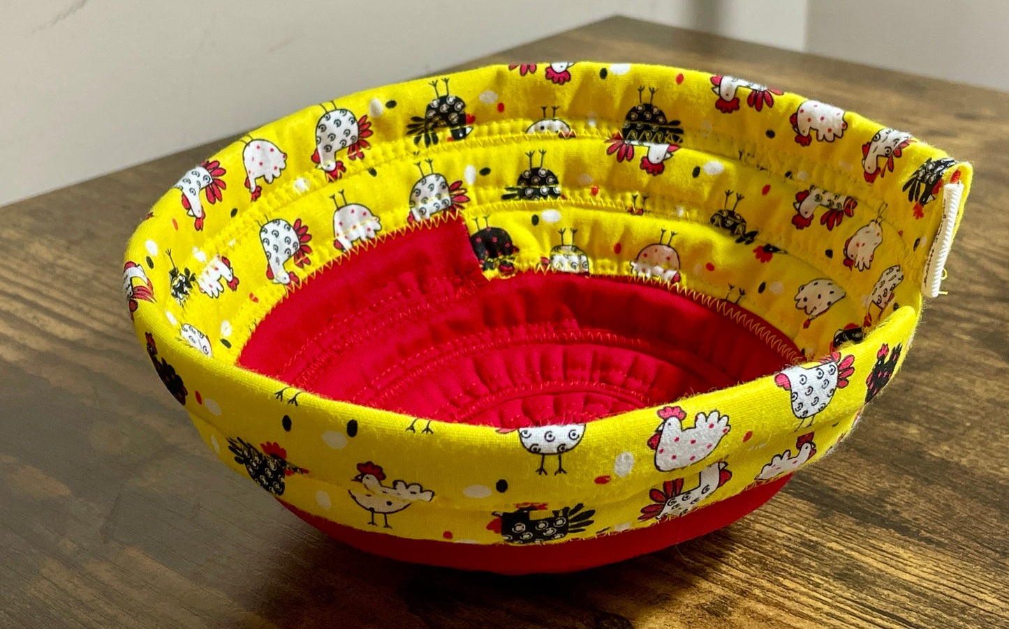 Soup Bowl Cozy - chickens yellow print, handcrafted 100% Cotton fabric strips cozy by Addies Designs