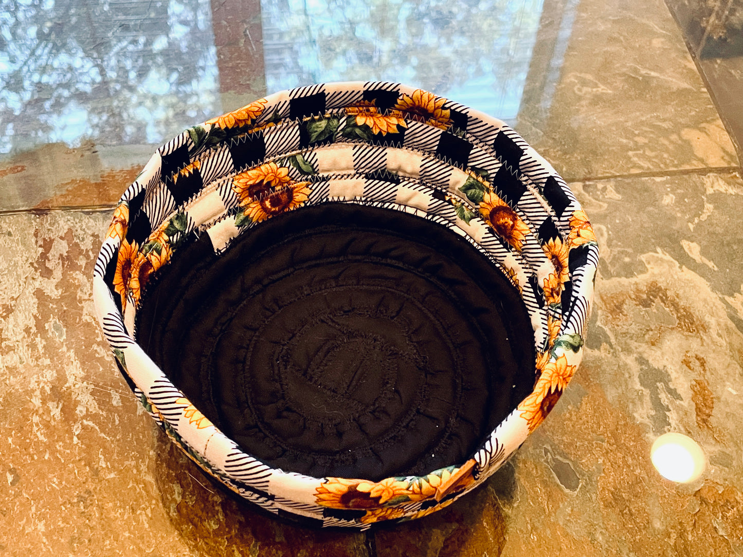 Sunflower/black/white checkered quilted fabric bowl, Keepsake Cotton