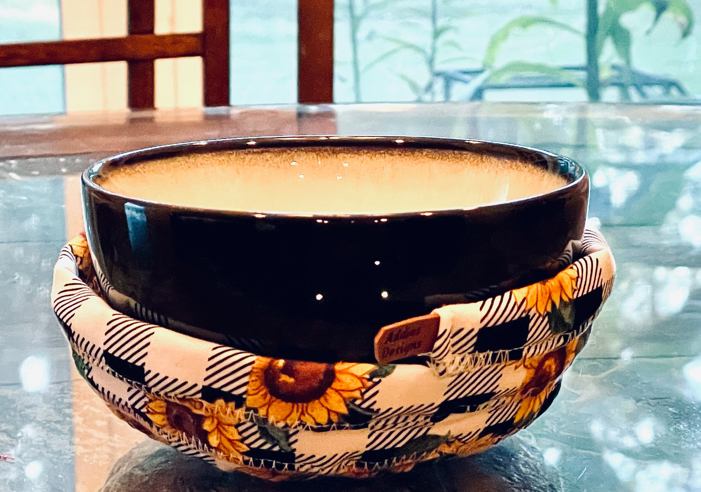 Sunflower/black/white checkered quilted fabric bowl, Keepsake Cotton