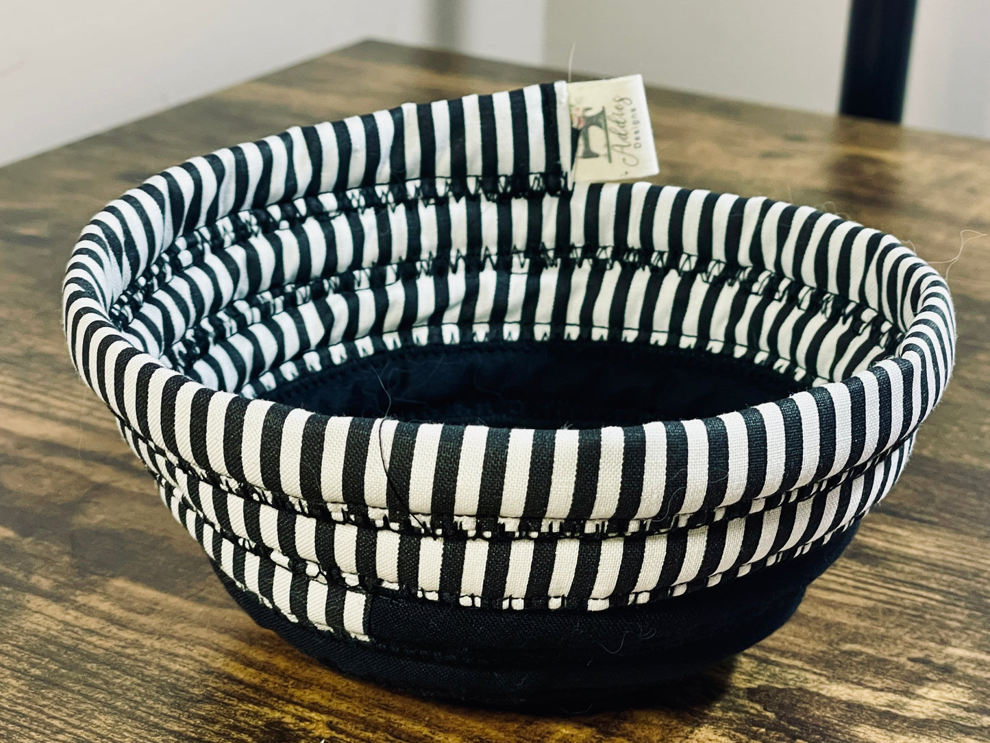 Soup bowl cozies handcrafted, 100% Cotton, Addies Designs Black with black/white bertical stripes