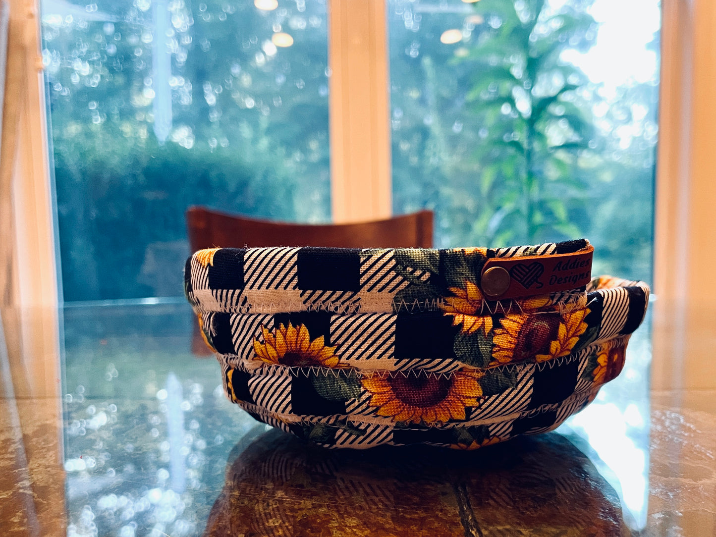 Sunflower/black/white checkered quilted bowl cozie, 100% Cotton, Handcrafted