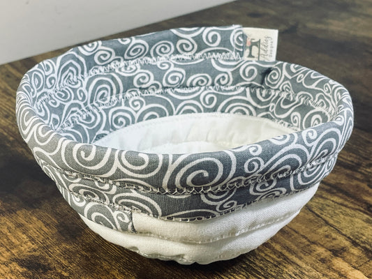 Soup bowl cozies handcrafted, 100% Cotton, Addies Designs fabric bowls, Gray w/ white swirls