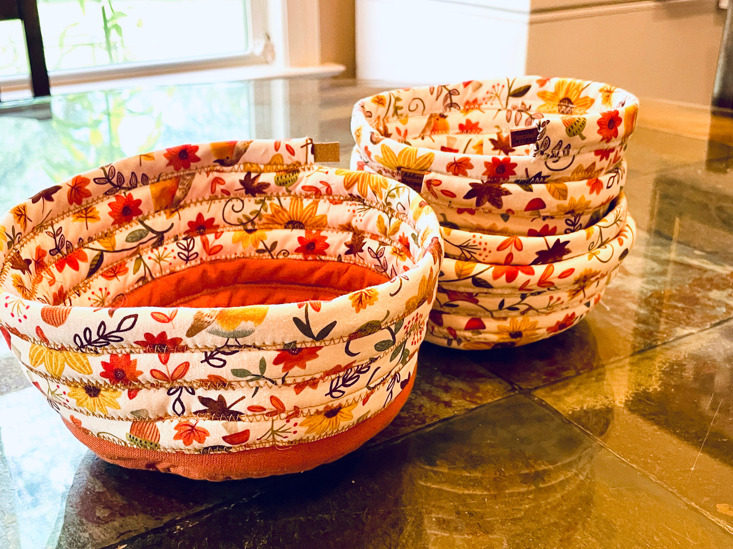 Jellyroll fall bowl and matching soup bowl Cozies, 100% Cotton set of 5