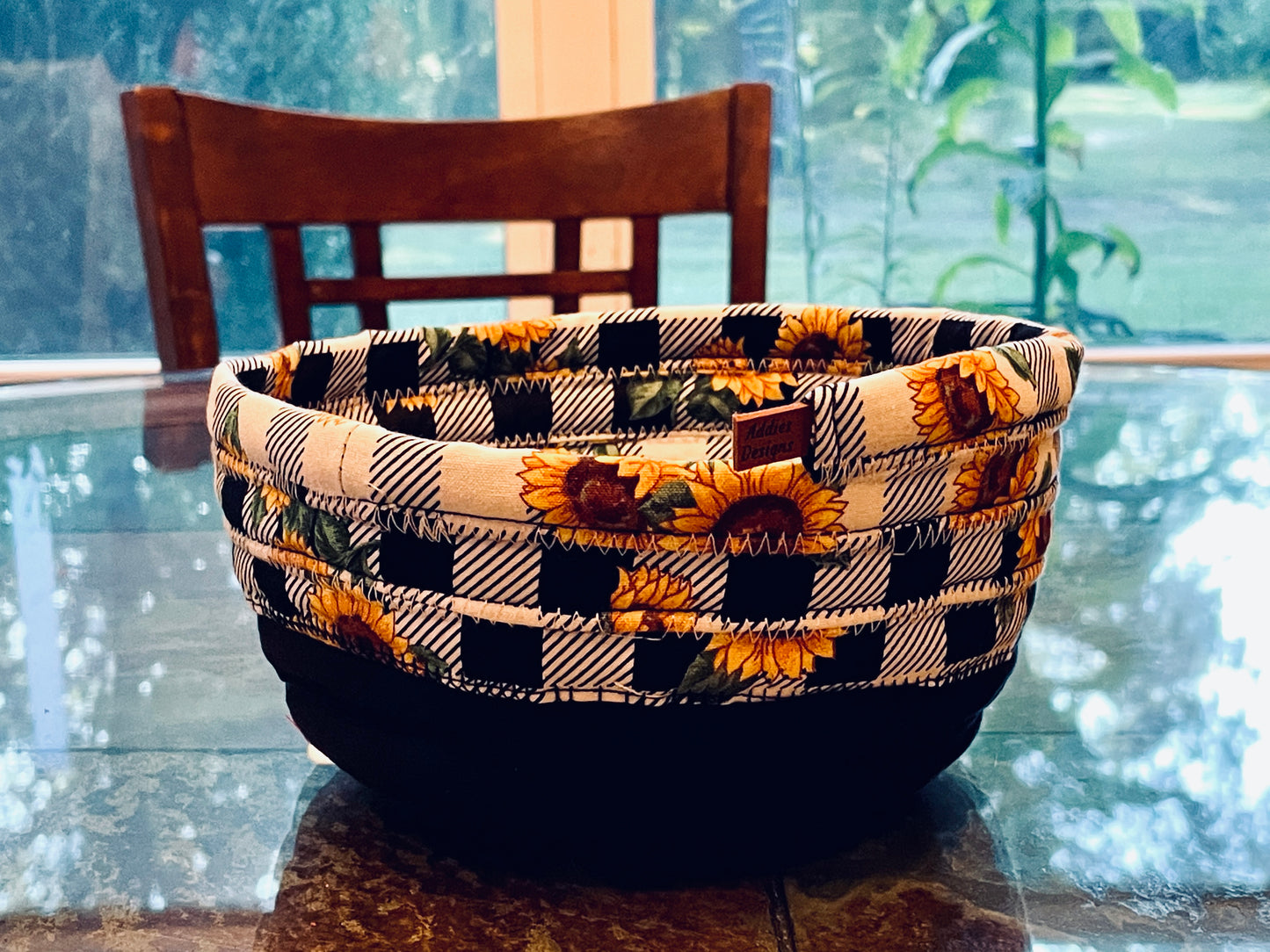 Sunflower/black/white checkered quilted fabric bowl, Keepsake Cotton