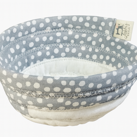 Soup bowl cozies handcrafted, 100% Cotton, Addies Designs fabric bowls, Gray w/ white dots