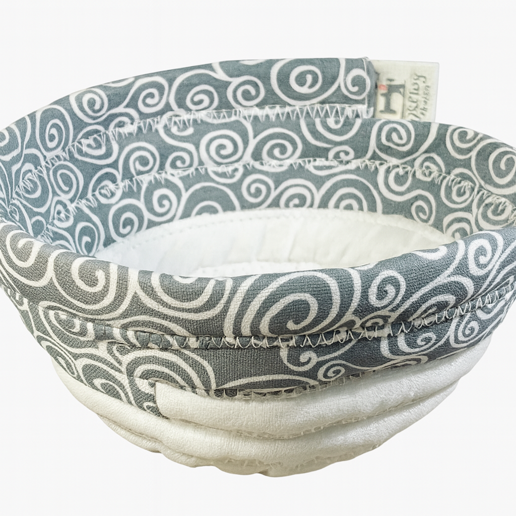 Soup bowl cozies handcrafted, 100% Cotton, Addies Designs fabric bowls, Gray w/ white swirls
