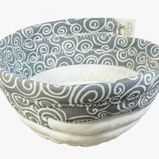 Soup bowl cozies handcrafted, 100% Cotton, Addies Designs fabric bowls, Gray w/ white swirls