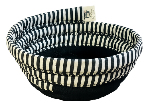 Soup bowl cozies handcrafted, 100% Cotton, Addies Designs Black with black/white bertical stripes