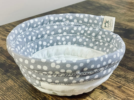 Soup bowl cozies handcrafted, 100% Cotton, Addies Designs fabric bowls, Gray w/ white dots