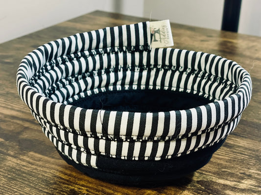 Soup bowl cozies handcrafted, 100% Cotton, Addies Designs Black with black/white bertical stripes