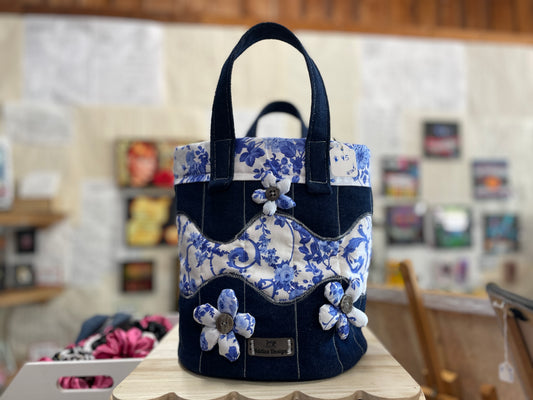 Denim Tote with Blue Floral Accents handcrafted by Addies Designs