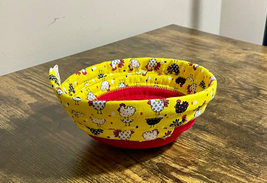 Soup Bowl Cozy - chickens yellow print, handcrafted 100% Cotton fabric strips cozy by Addies Designs